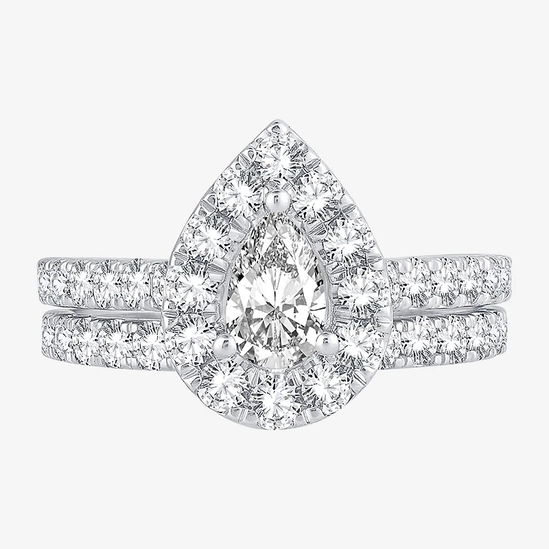 Womens 2 CT. T.W. Natural White Diamond 10K Gold Pear Halo Bridal Set