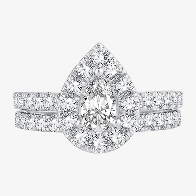 Womens 2 CT. T.W. Natural White Diamond 10K Gold Pear Halo Bridal Set