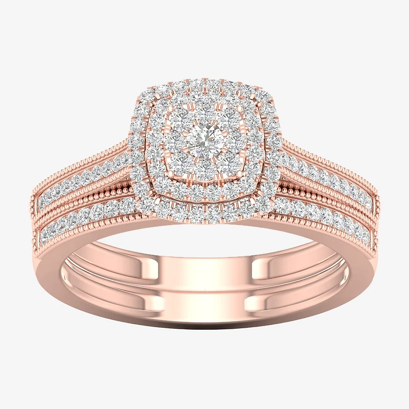 Womens 1/3 CT. T.W. Natural White Diamond 10K Gold Cushion Halo Bridal Set