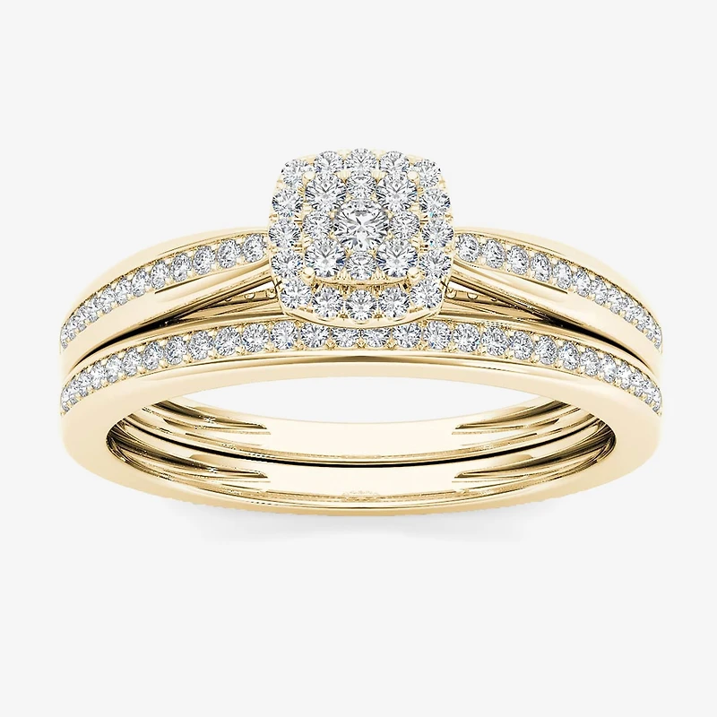 Womens 1/4 CT. T.W. Natural White Diamond 10K Gold Cushion Side Stone Halo Bridal Set