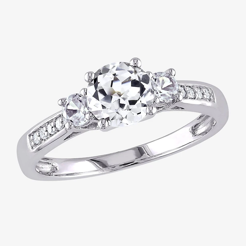 Modern Bride Gemstone Womens Diamond Accent Lab Created White Sapphire 10K Gold Round 3-Stone Engagement Ring
