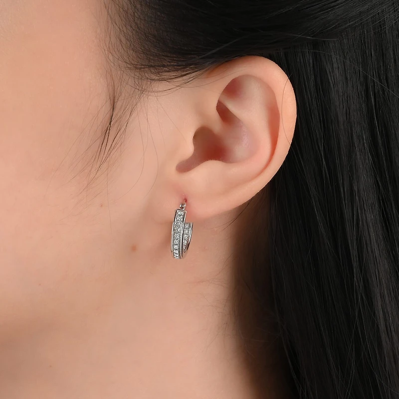 Sterling Silver Glitter and Polished Hoops 2 Piece Earrings Set