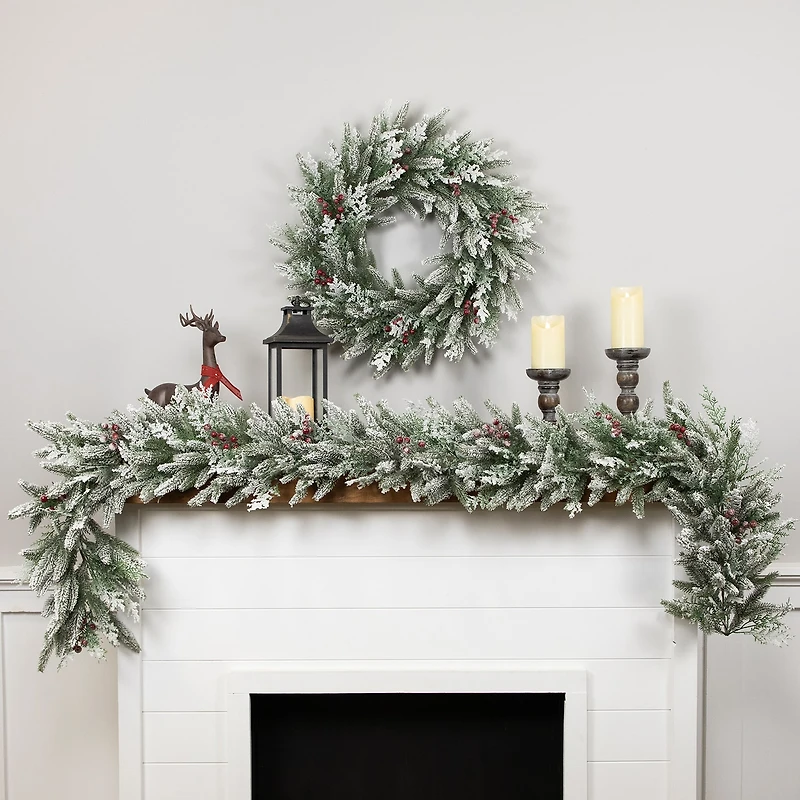 Northlight 7ft Flocked Wind River Fir With Berries Christmas Indoor Garland