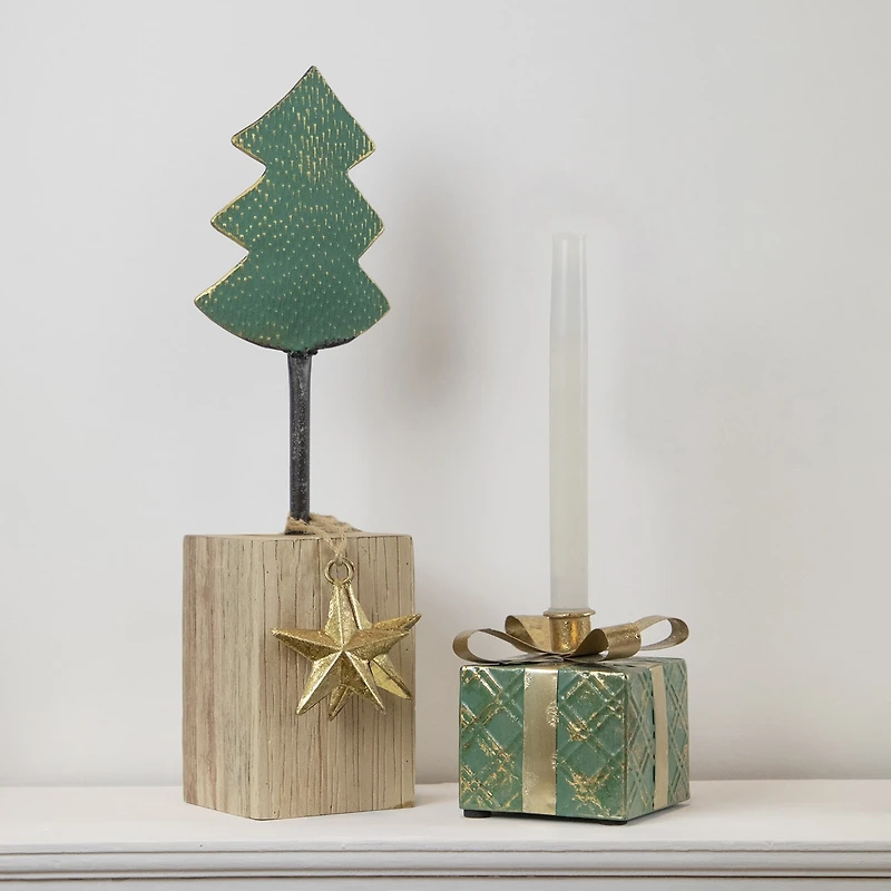 Northlight 17" Metal Tree With Stars And Chunky Wooden Base 1 Foot Christmas Tree