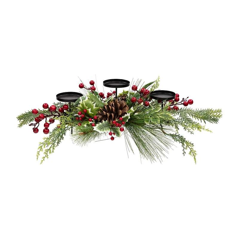 Northlight 28" Holly And Berries Pillar With Pine Cones Candle Holder
