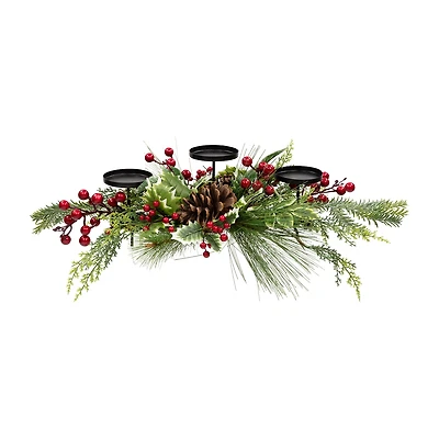 Northlight 28" Holly And Berries Pillar With Pine Cones Candle Holder