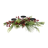 Northlight 28" Holly And Berries Pillar With Pine Cones Candle Holder