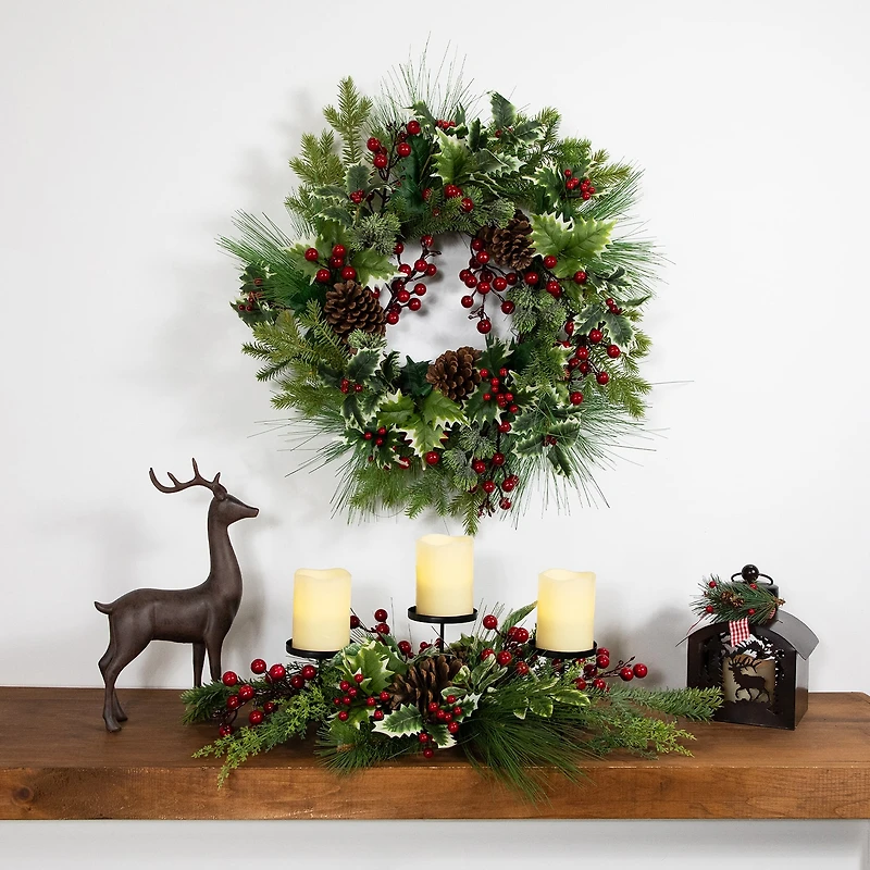 Northlight 28" Holly And Berries Pillar With Pine Cones Candle Holder