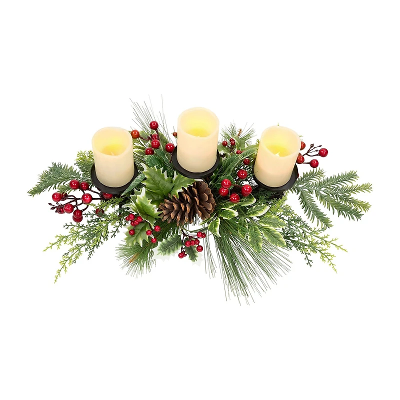 Northlight 28" Holly And Berries Pillar With Pine Cones Candle Holder