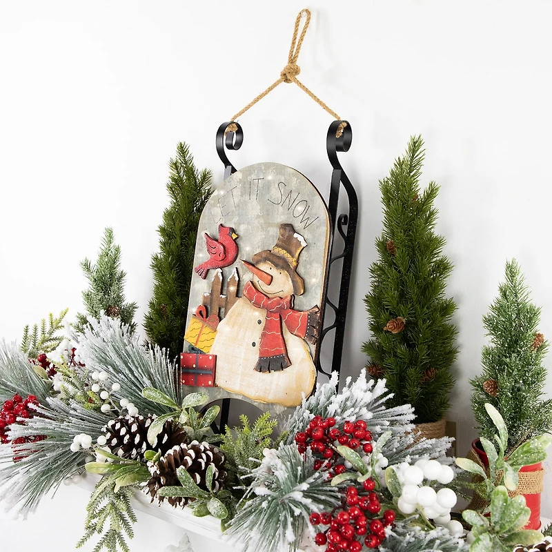 Northlight 17" Led Lighted Wooden Sled With Snowman And Cardinal Lighted Christmas Tabletop Decor