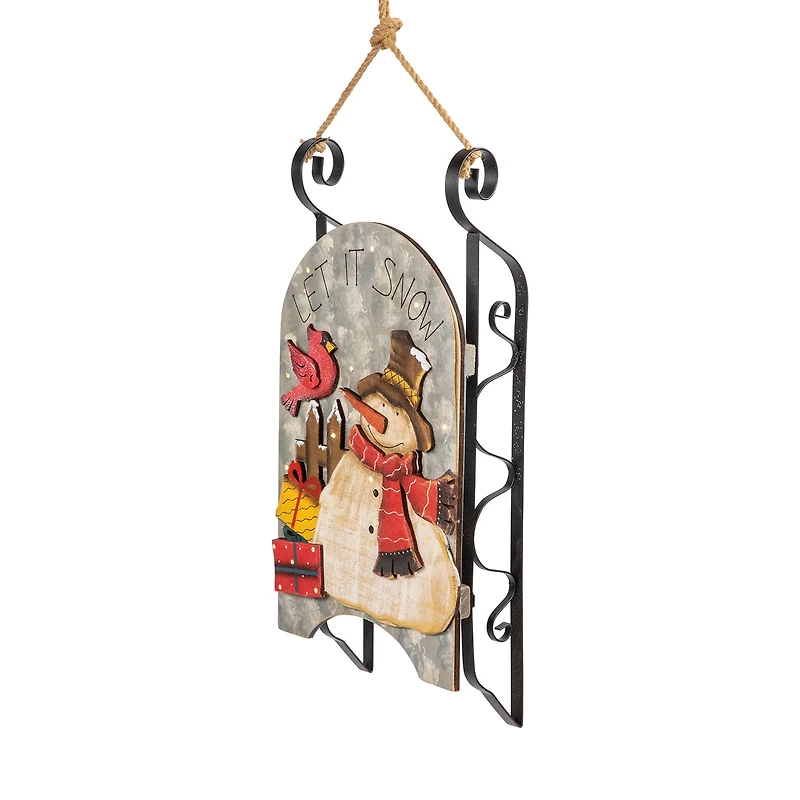 Northlight 17" Led Lighted Wooden Sled With Snowman And Cardinal Lighted Christmas Tabletop Decor