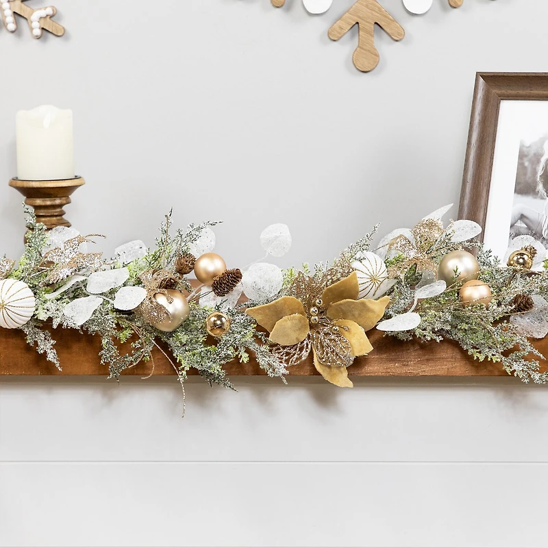 Northlight 6ft Glittered Poinsettia And Ornaments Artificial Christmas Indoor Garland