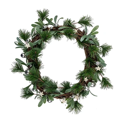 Northlight 12" Pine Needle Wooden Stars Artificial Wreath