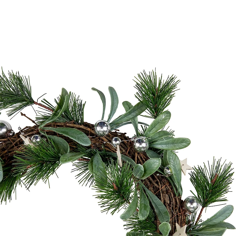 Northlight 12" Pine Needle Wooden Stars Artificial Wreath