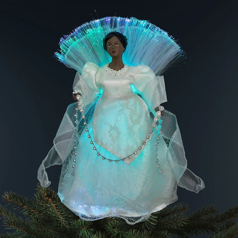 Northlight 12" Silver Lighted Fiber Optic African American Angel Christmas Tree Topper