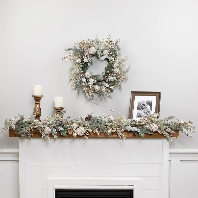 Northlight 24" Glittered Mixed Foliage With Ornaments Artificial Wreath