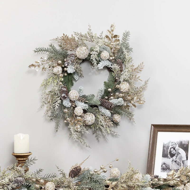 Northlight 24" Glittered Mixed Foliage With Ornaments Artificial Wreath