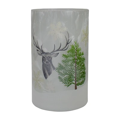 Northlight 10" Deer Pine And Snowflakes Hand Painted Flameless Glass Candle Holder