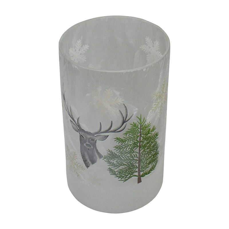 Northlight 10" Deer Pine And Snowflakes Hand Painted Flameless Glass Candle Holder