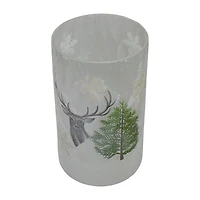 Northlight 10" Deer Pine And Snowflakes Hand Painted Flameless Glass Candle Holder