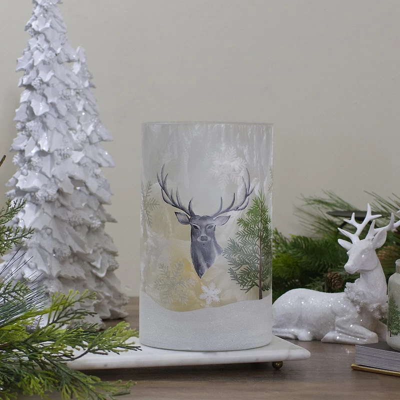 Northlight 10" Deer Pine And Snowflakes Hand Painted Flameless Glass Candle Holder