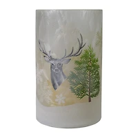Northlight 10" Deer Pine And Snowflakes Hand Painted Flameless Glass Candle Holder