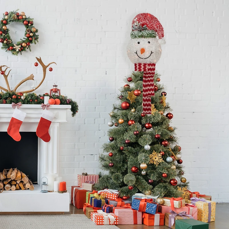 Northlight 22" Lighted Snowman Wearing A Frosted Hat With Pine Christmas Tree Topper