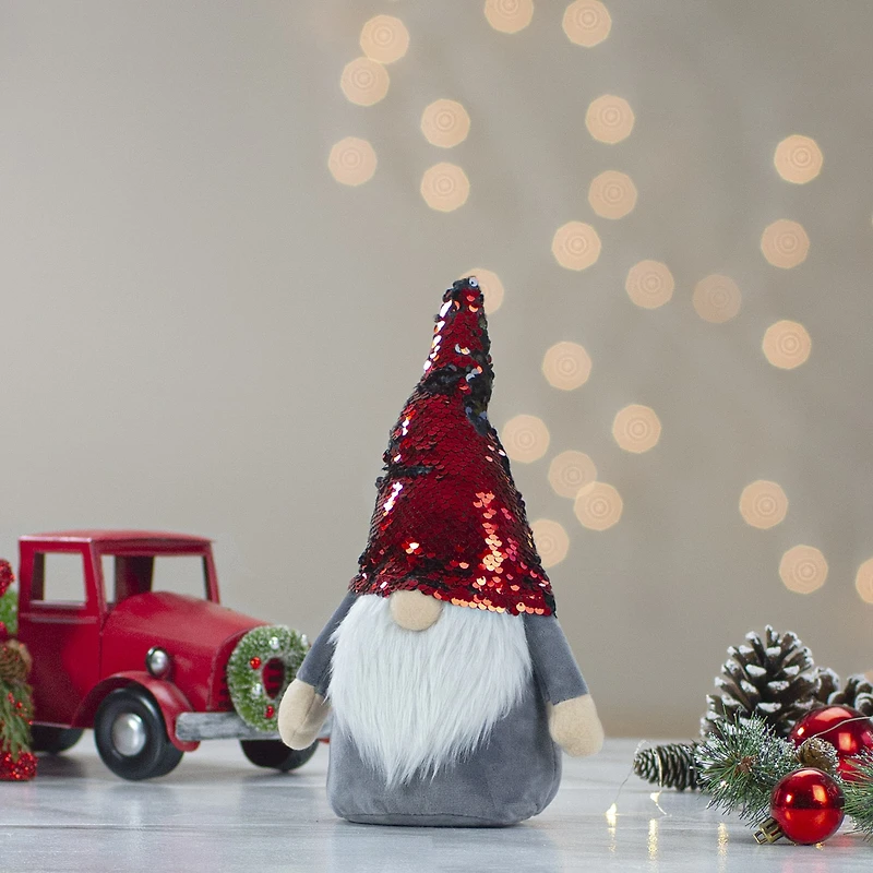 Northlight 18" Red And Gray Gnome With Flip Sequin Hat Christmas Gnome