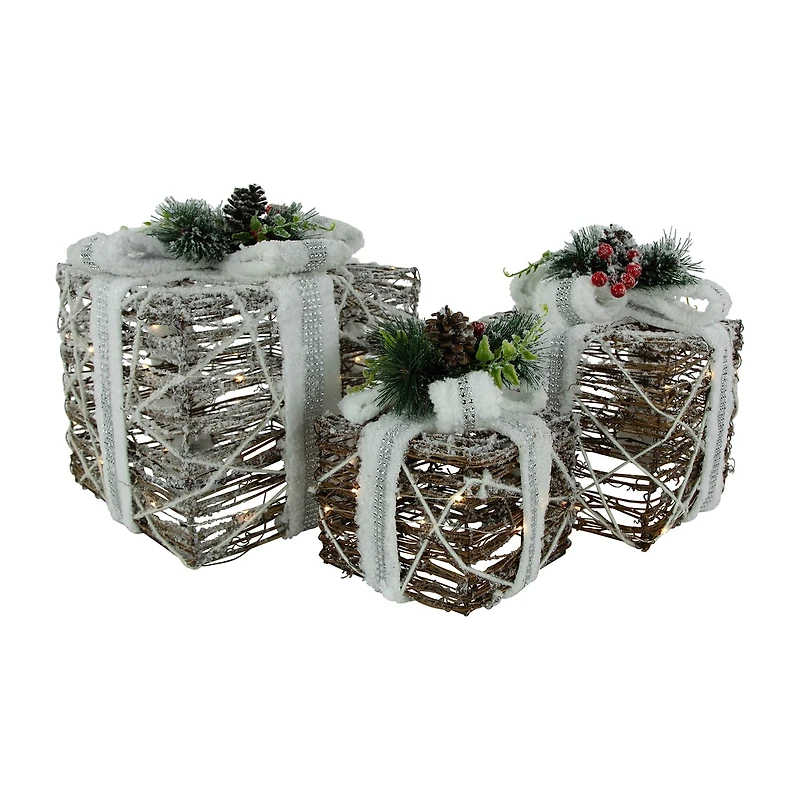 Northlight 10" Led Gift Boxes With Pine And Berries Christmas Tabletop Decor