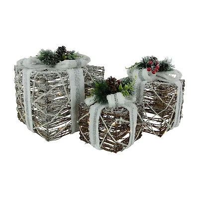Northlight 10" Led Gift Boxes With Pine And Berries Christmas Tabletop Decor