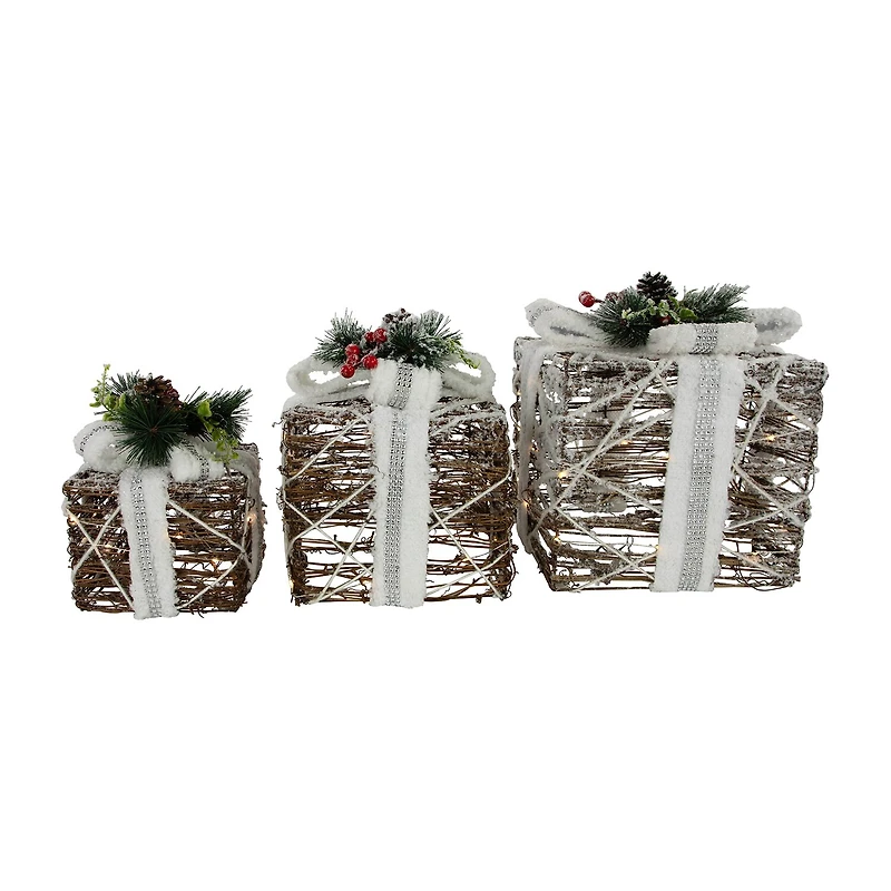 Northlight 10" Led Gift Boxes With Pine And Berries Christmas Tabletop Decor