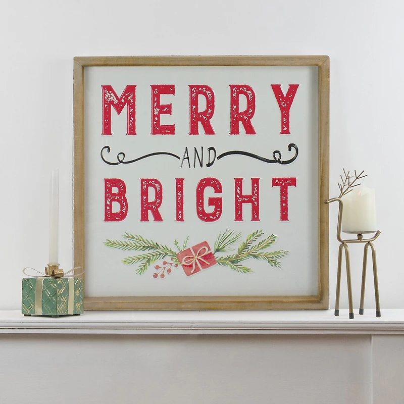 Northlight 16" Wooden Framed "Merry And Bright" Metal Christmas Tabletop Decor