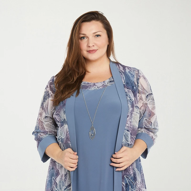 R & M Richards Womens Plus Leaf Jacket Dress With Removable Necklace
