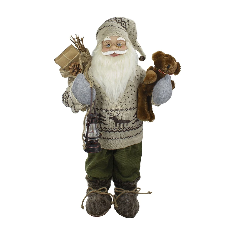 Northlight 2ft Standing Santa With Plush Bear And Lantern Christmas Figurine