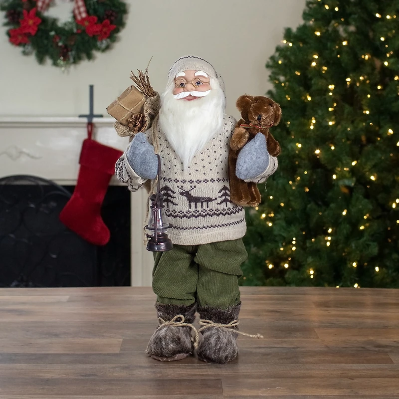 Northlight 2ft Standing Santa With Plush Bear And Lantern Christmas Figurine
