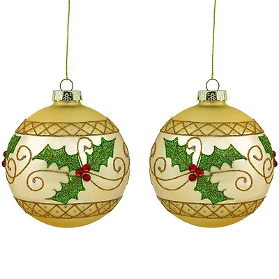 Northlight 4" Glittered Holly And Berries Glass Ball Christmas Ornament