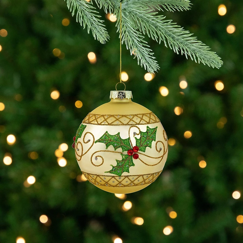 Northlight 4" Glittered Holly And Berries Glass Ball Christmas Ornament