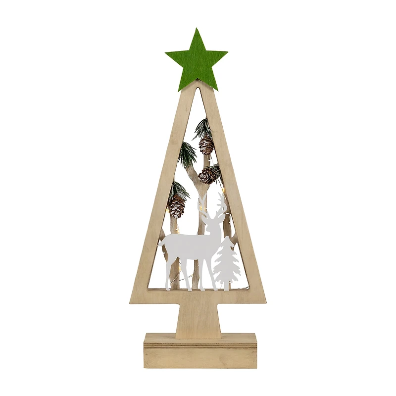 Northlight 15" Lighted Wooden Tree With Star And Reindeer Woodland Scene 1 Foot Christmas Tree