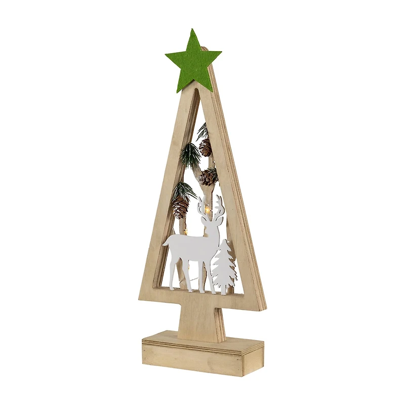 Northlight 15" Lighted Wooden Tree With Star And Reindeer Woodland Scene 1 Foot Christmas Tree