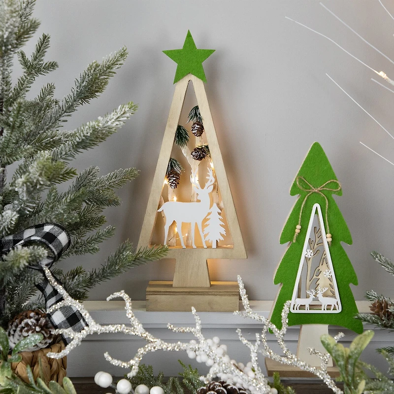 Northlight 15" Lighted Wooden Tree With Star And Reindeer Woodland Scene 1 Foot Christmas Tree