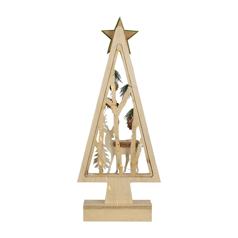 Northlight 15" Lighted Wooden Tree With Star And Reindeer Woodland Scene 1 Foot Christmas Tree