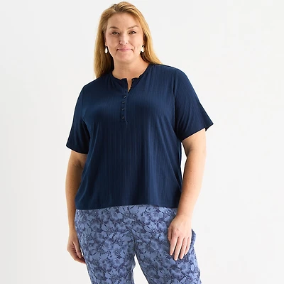 Liz Claiborne Womens Plus Short Sleeve Relaxed Fit Henley Shirt