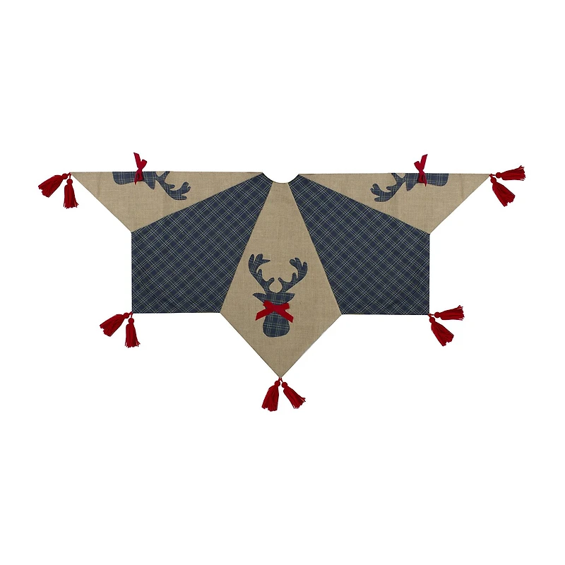 Northlight 48" Blue And Brown Burlap And Plaid Reindeer With Tassels Indoor Tree Skirt