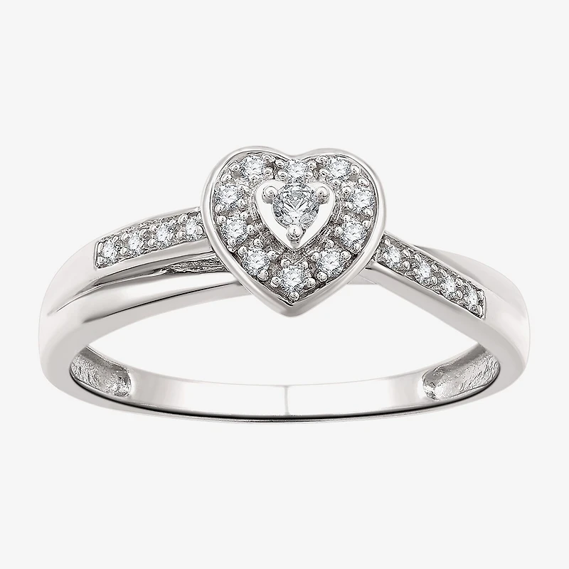 Yes, Please! Womens 1/10 CT. T.W. Lab Grown White Diamond Sterling Silver Heart Halo Side Stone Cocktail Ring