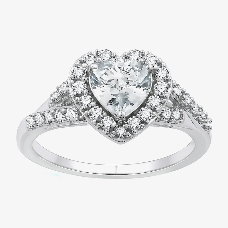 Yes, Please! Womens Lab Created White Sapphire Sterling Silver Heart Side Stone Cocktail Ring