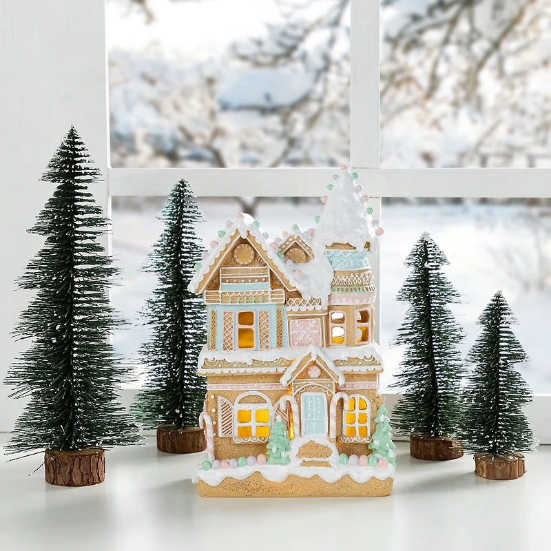 Glitzhome 12"H Christmas Macaron Resin Village Christmas Tabletop Decor