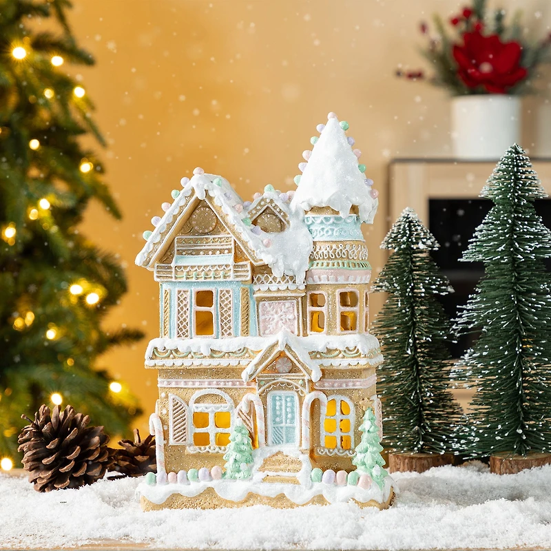 Glitzhome 12"H Christmas Macaron Resin Village Christmas Tabletop Decor