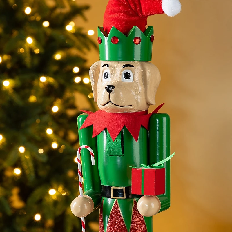 Glitzhome 24"H Wooden Christmas Dog Wood Christmas Nutcracker