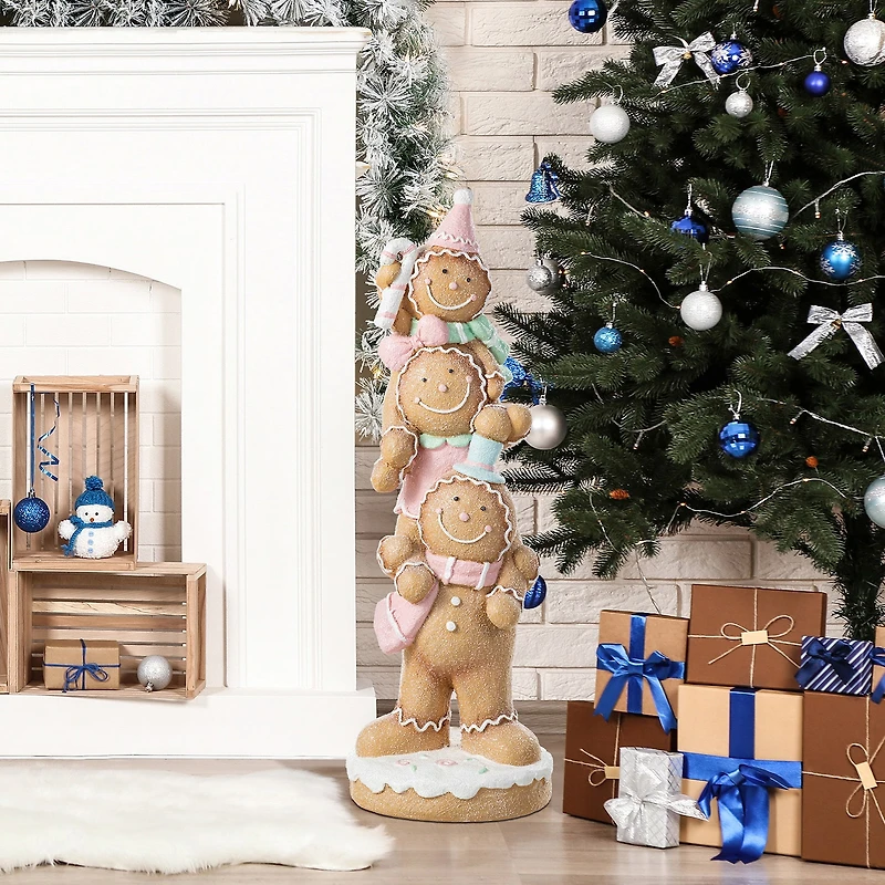 Glitzhome 30"H Christmas Macaron Pink Resin Stacked Gingerbread Man Christmas Tabletop Decor