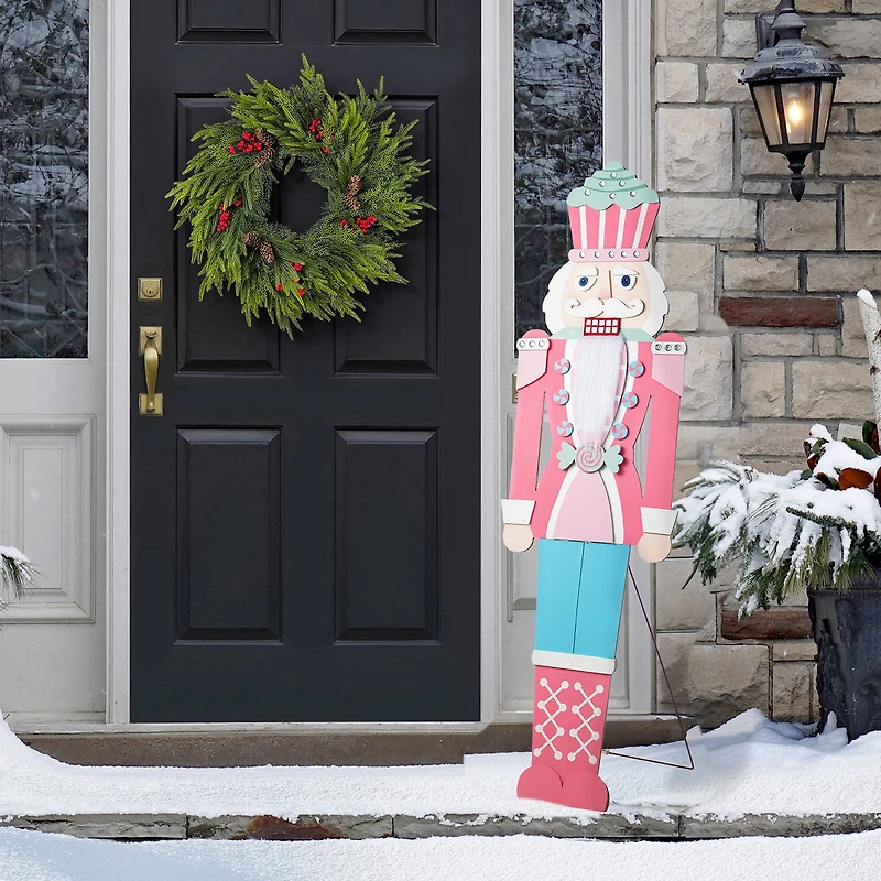 Glitzhome 60"H Christmas Wooden Pink Nutcracker Christmas Porch Sign